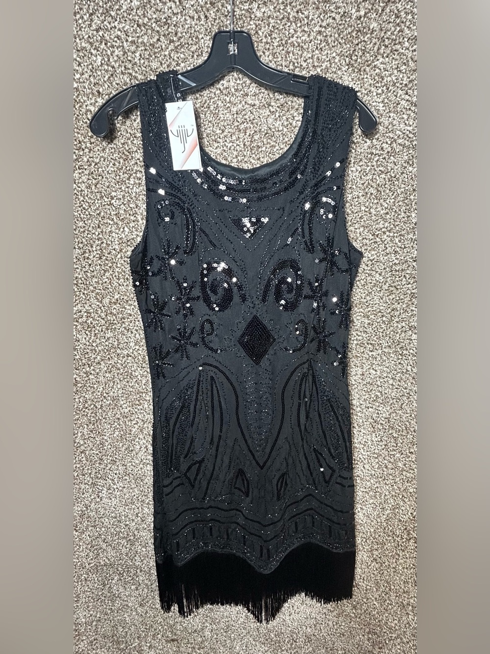 Black Beaded Sleeveless Tank Dress with Fringe